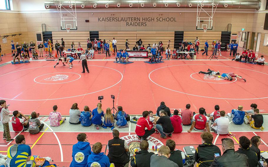 High school wrestlers from across Europe participate in a tournament at Kaiserslautern High School, Germany, Saturday, Jan. 18, 2020.   