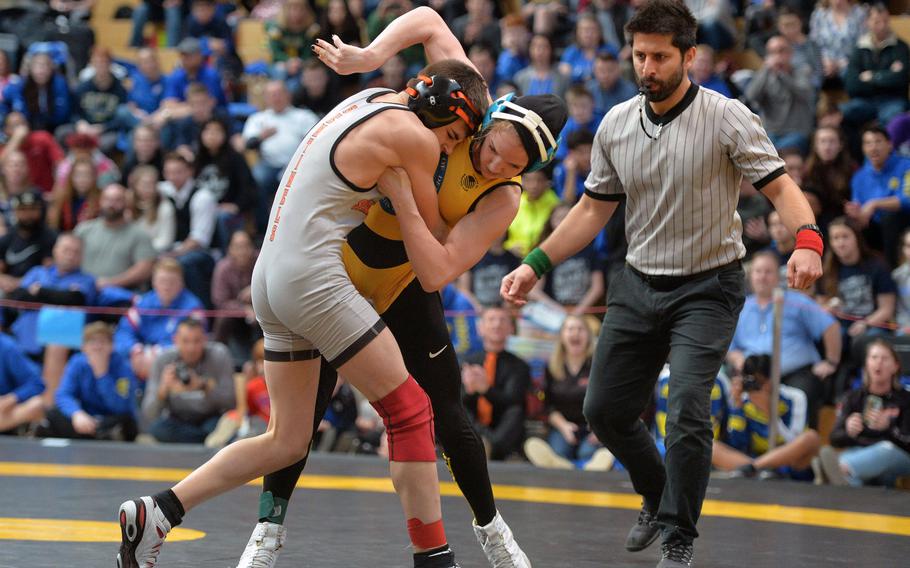 Spangdahlem's Skyler Hickman took the 106-pound title after beating Stuttgart's McKinley Fielding at the DODEA-Europe wrestling finals in Wiesbaden, Germany, Saturday, Feb. 15, 2020.
