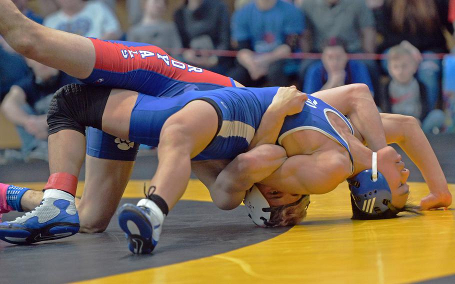 Ramstein's Connor Mackie defended his 126-pound title by beating Rota's Philip James Rivera at the DODEA-Europe wrestling finals in Wiesbaden, Germany, Saturday, Feb. 15, 2020.