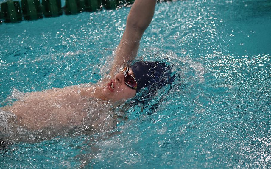 Berlin swimmer David Ritter competes in the boys 11 50-meter backstroke during the European Forces Swim League championships in Eindhoven, Netherlands, Sunday, March 1, 2020.
