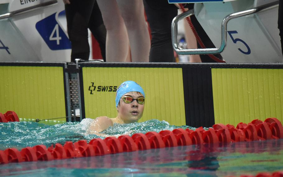 Kingfish swimmer Phillip Osadsky places first in the boys 13-14 200-meter individual medley during the European Forces Swim League championships in Eindhoven, Netherlands, Sunday, March 1, 2020.