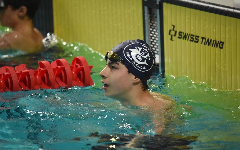 Berlin swimmer Santiago Rivera reacts after finishing first in the boys 13-14 200-meter individual medley during the European Forces Swim League championships in Eindhoven, Netherlands, Sunday, March 1, 2020.