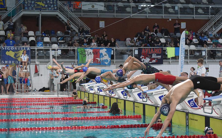 Swimmers compete in the boys 13-14 200-meter individual medley during the European Forces Swim League championships in Eindhoven, Netherlands, Sunday, March 1, 2020.
