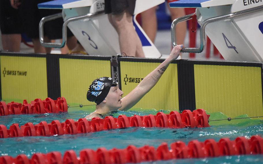 Geilenkirchen Orcas swimmer Hylcke de Beer takes a breath after completing the girls 13-14 50-meter freestyle during the European Forces Swim League championships in Eindhoven, Netherlands, Sunday, March 1, 2020.