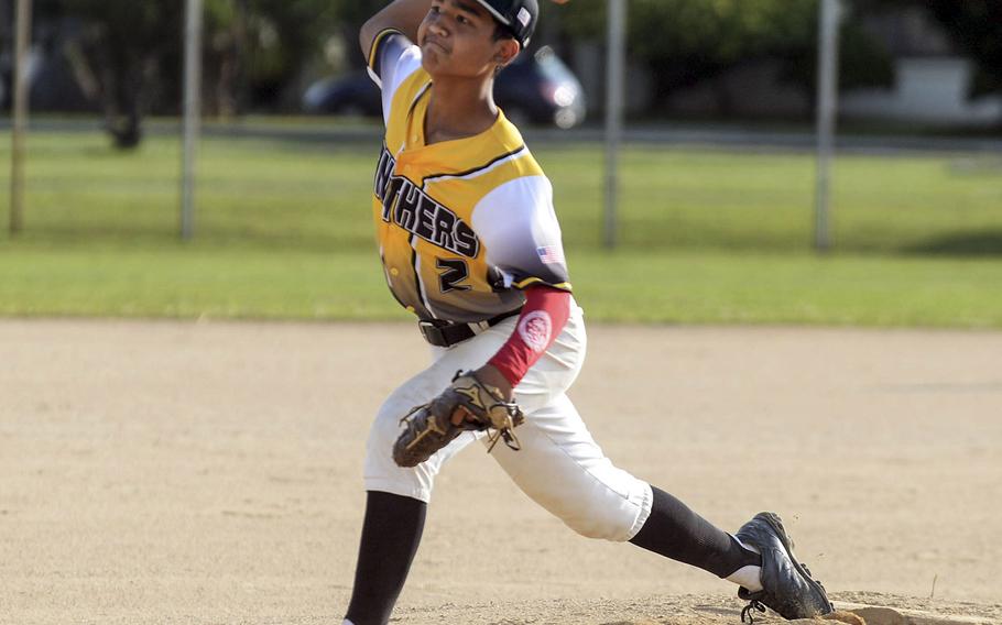 Kadena right-hander Jake Mariano delivers against Kubasaki during Tuesday's Okinawa baseball game. The Panthers won 6-5.