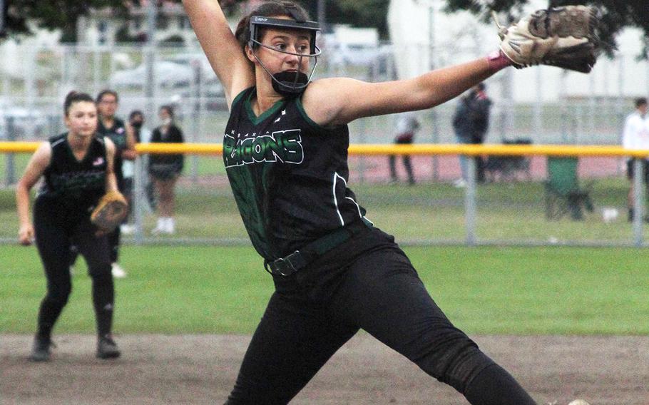 Kubasaki right-hander Haley Patton delivers against Kadena during Wednesday's Okinawa softball game. Patton pitched three innings of relief and got the save as the Dragons beat the Panthers 6-2.