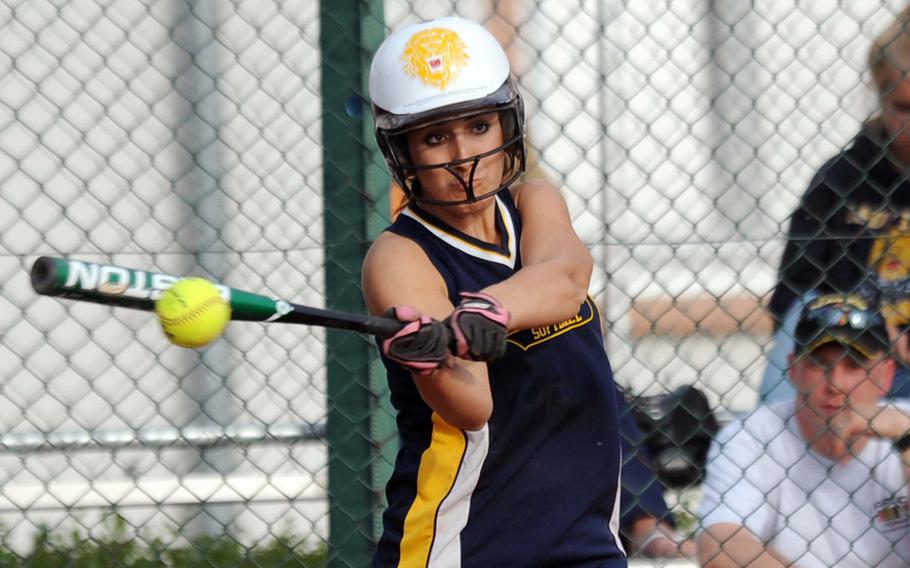 Heidelberg's Lena Maieritsch connects for a hit to drive in two runs in the Lions' 8-7 win over Mannheim on Friday. Maieritsch went 3-for-3 in the game.

