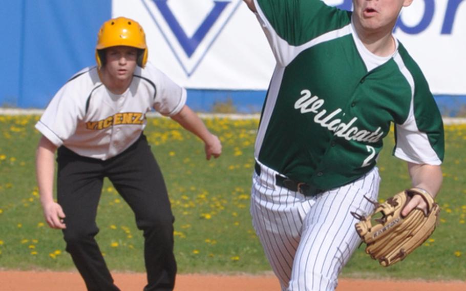 Naples pitcher Matt Gardner hurls a pitch toward home during a regular-season victory over Vicenza. Naples is the top seed in the DODDS-Europe Division II baseball tournament.