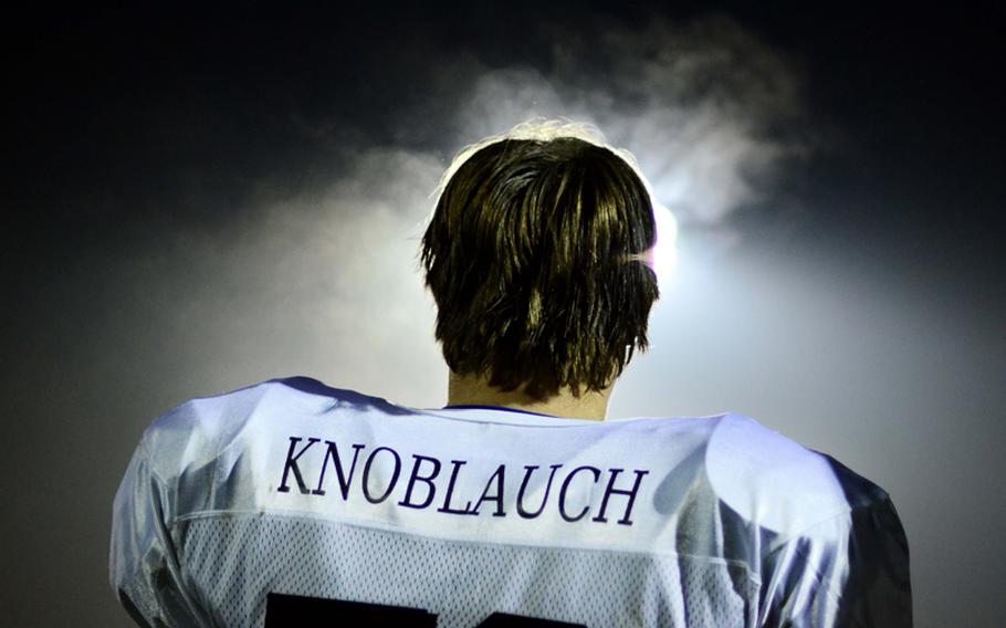 Chance Knoblauchof Lakenheath, playing for the North All Star Squad, watches his team play the DODDS-Europe high school football all star game in the cold Bavarian confines of U.S. Army Garrison Grafenwoehr.