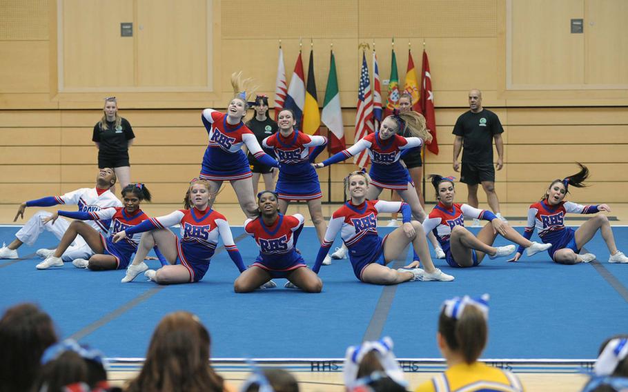 The Ramstein Royals cheer squad finish their routine at the DODDS-Europe cheerleading championships.
