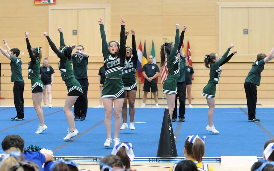 The Naples Wildcats cheer team start their routine at the DODDS-Europe cheerleading championships.