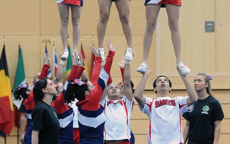 The Aviano Saints cheer squad took third place in Division II at the DODDS-Europe cheerleading championships.