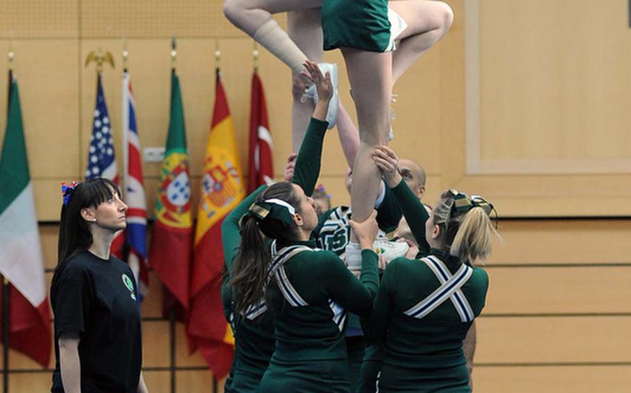 An Alconbury pyramid at the DODDS-Europe cheerleading championships. The Dragons cheer squad finished second in Division III.