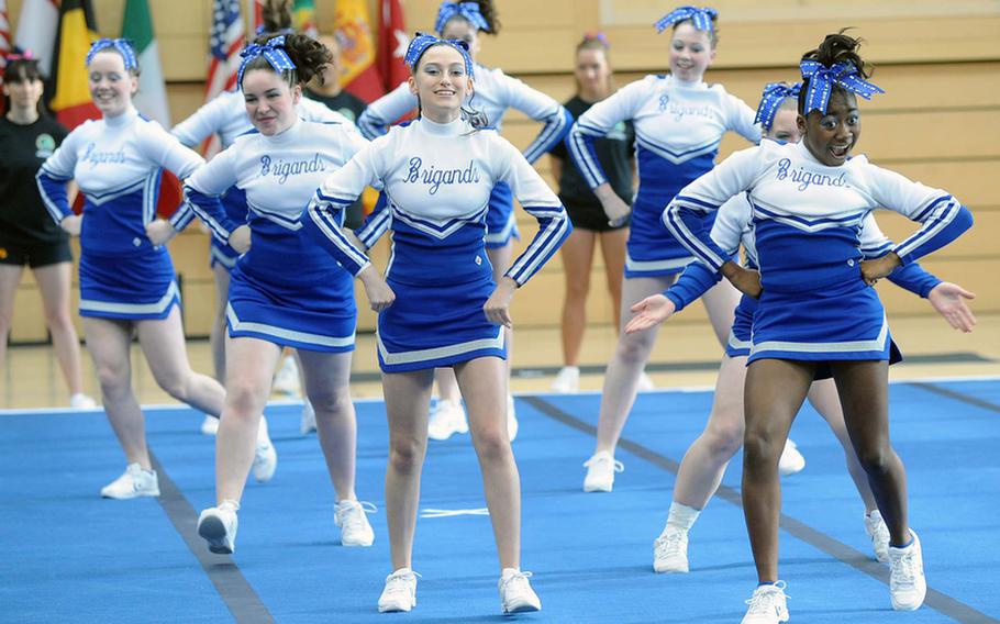 The Brussels Brigands cheer squad do their routine at the DODDS-Europe cheerleading championships.