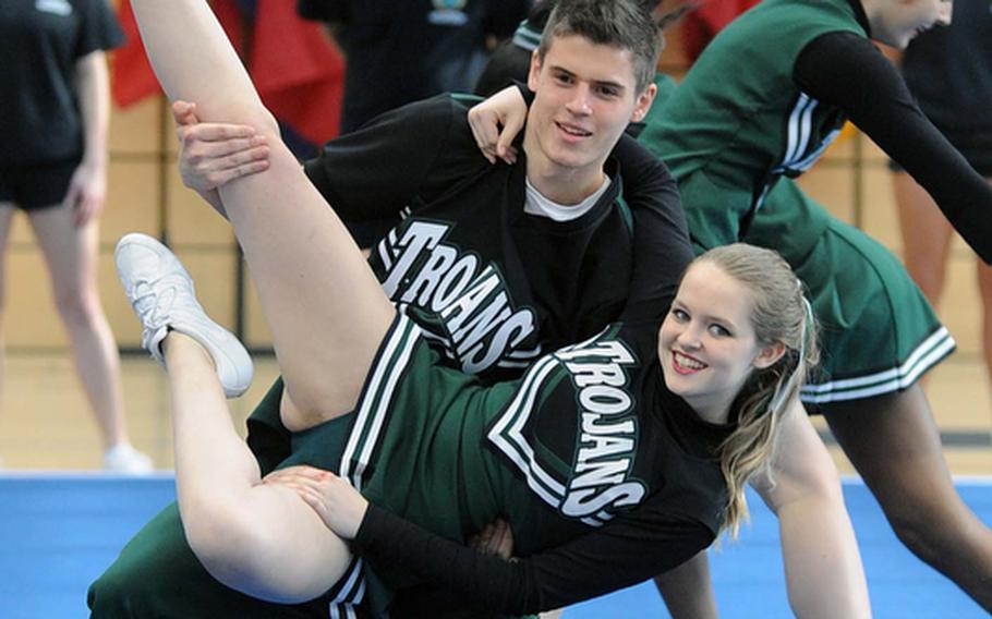 Ankara Trojans Gabby Sigudson and Niko Root during their team's routine at the DODDS-Europe cheerleading championships.
