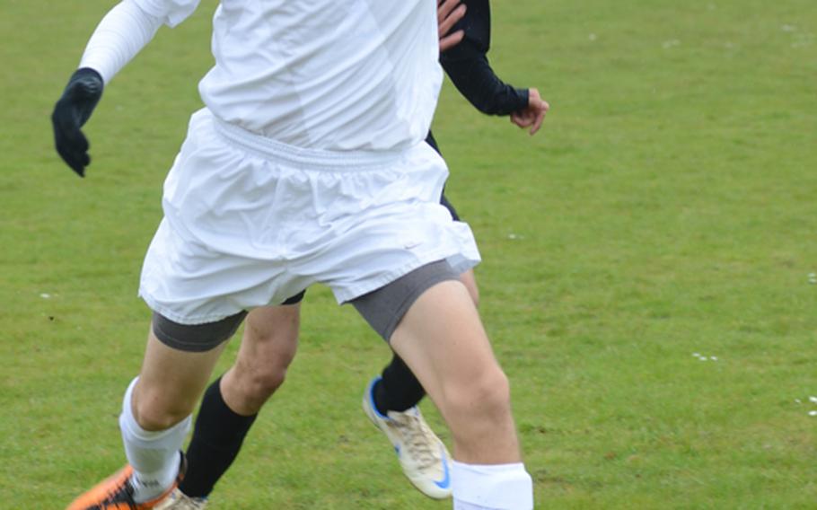 Rota's Juan Carlos Shay prepares to boot the ball downfield during a match against the Alconbury Dragons, Friday, at RAF Alconbury, England. The Admirals and Dragons played to a 2-2 draw in the contest.