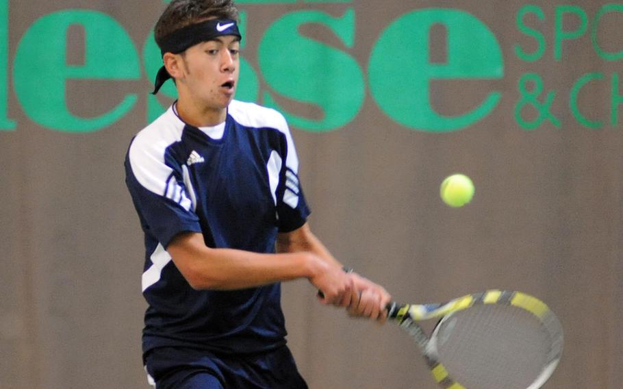 Heidelberg's Cameron Meeker makes a backhand return in his 5-7, 6-3, 6-2 quarterfinal loss to Fabian Sandrup Selvik of International School of Brussels, Friday.