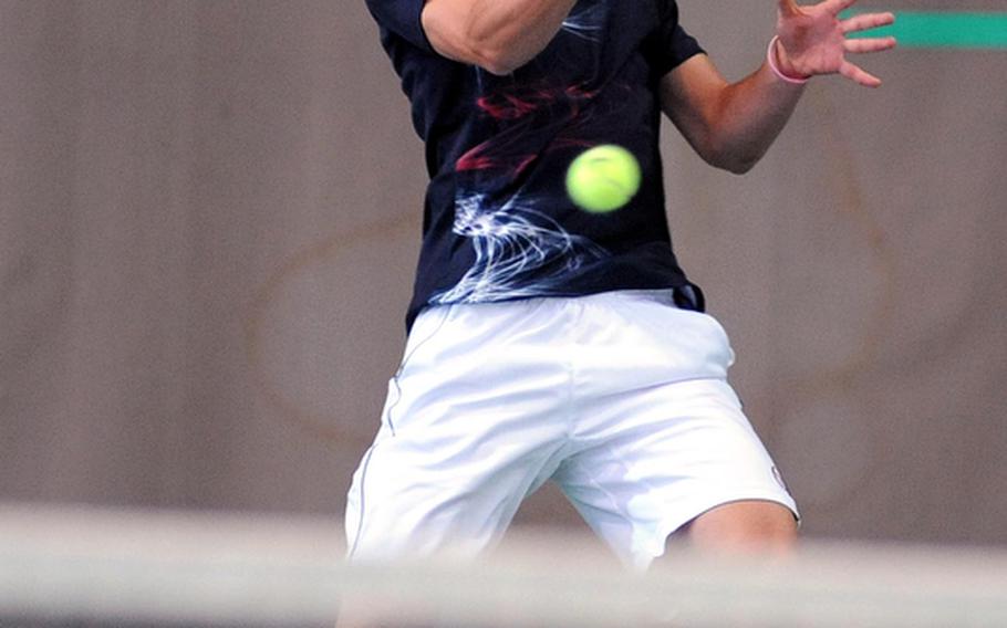 Connor Skelton of Naples returns a shot in his 7-5, 6-0 loss quarterfinal loss to Lakenheath's Peter Kovats.