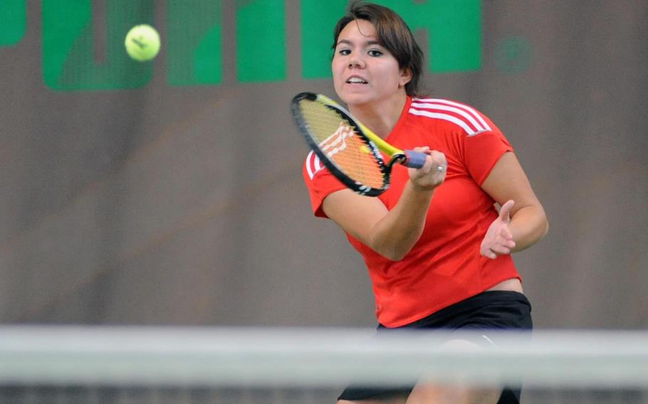 American Overseas School of Rome's Ashley Metzler returns a shot in her 6-0, 6-0 quarterfinal loss to Patch's Eugenia Srodowski, the tourney's top seed.