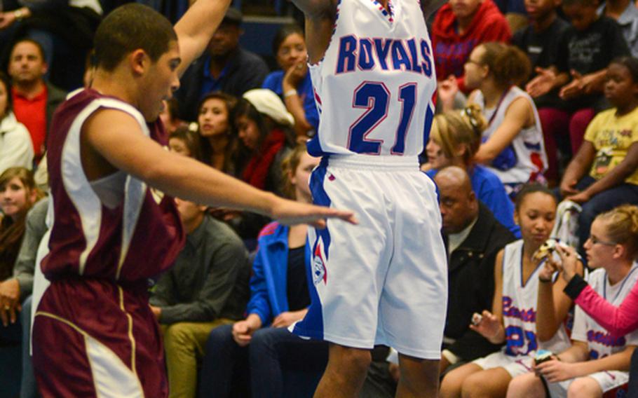 Ramstein High School's Jamael Kingsberry takes a jumper Friday night in his Ramstein's victory over Vilseck High School at Ramstein Air Base.