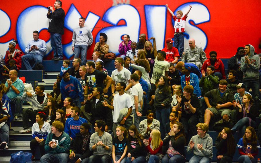 The crowd reacts to a good play Friday night as their Ramstein Royals defeated the visiting Vilseck High School Falcons at Ramstein Air Base.