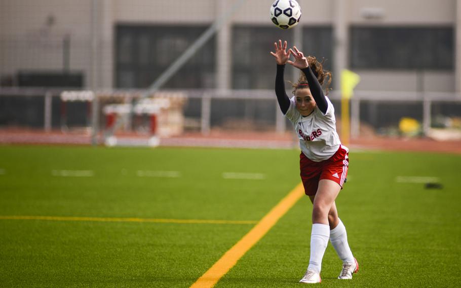 Kaiserslautern's Brie Scott throws the ball in Saturday morning in a game against Vilseck at Vogelweh, Germany. Kaiserslautern defeated visiting Vilseck 6-0.