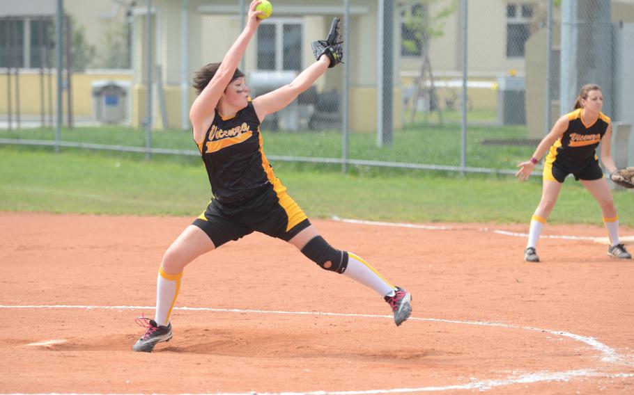 Megan Buffington, a sophomore at Vicenza, struck out six players Friday during a home game against Sigonella. Vicenza won both games during a doubleheader, 20-12 and 12-2.