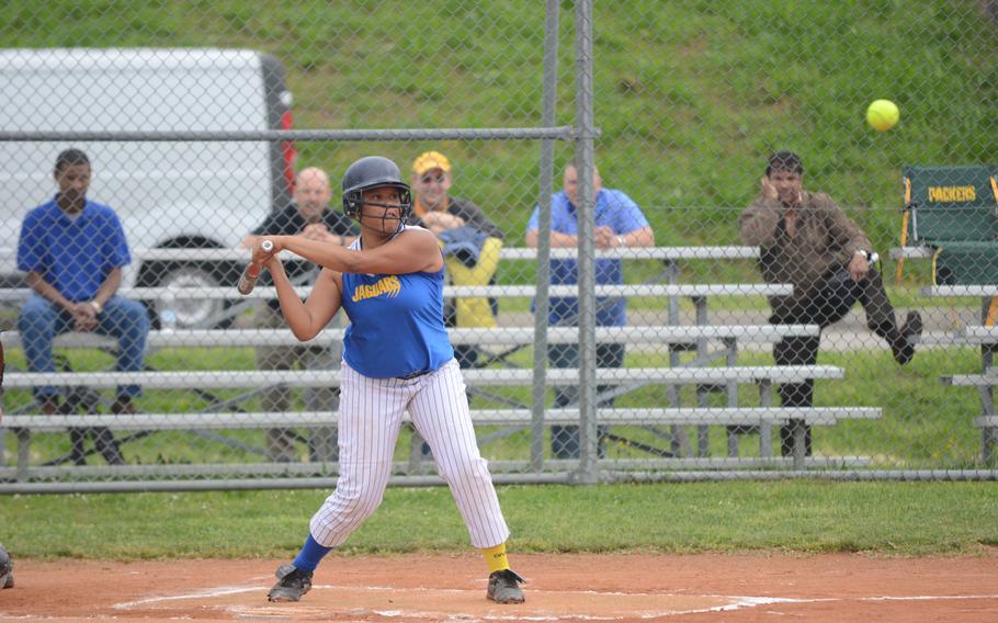 Sydney Moore, a sophomore at Sigonella, hits a single for a RBI during an away game against Vicenza on Friday. Vicenza won two home games, 20-12 and 12-2. 