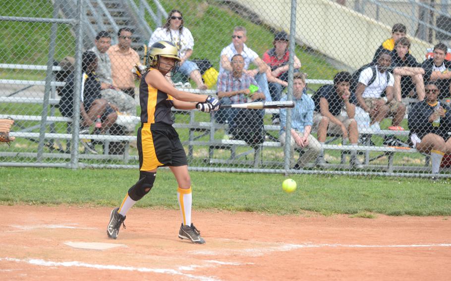 Vicenza's Jasmyn Gettelman gets a base hit for two RBIs during a home game against Sigonella on Friday.  Vicenza won both games during a doubleheader, 20-12 and 12-2.