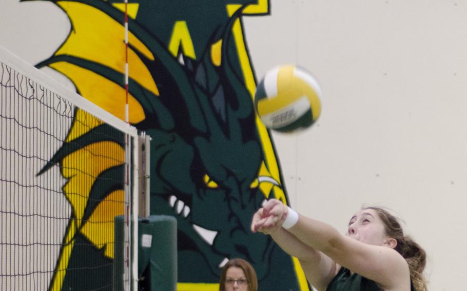 SHAPE's Erin O'Brien bumps a ball during a volleyball match against Alconbury, Saturday. Alconbury blanked SHAPE, 25-6, 25-23, 25-8.