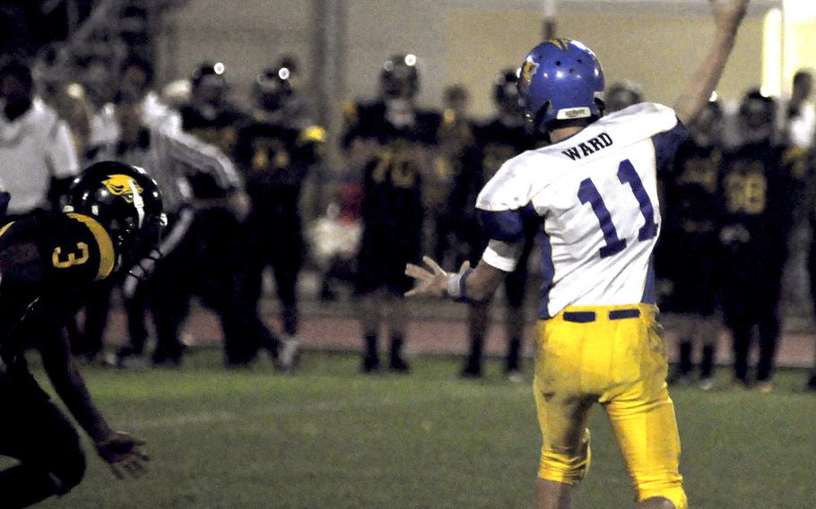 Ansbach quarterback Bailey Ward tosses the ball toward the sideline Friday night against Vicenza. Ward didn't throw it often, but his 49-yard touchdown pass to Brian Debel sealed a 25-6 victory for Ansbach.