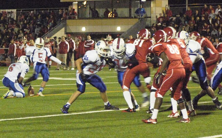 Ramstein kicker Nicholas Meza converts an extra point in Ramstein's 46-0 win over Kaiserslautern on Friday at Kaiserslautern, Germany.