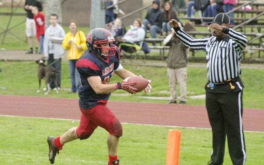 Lakenheath junior Benjamin Ciero scores a touchdown during his team's final game of the season against Patch Saturday, Oct. 19, 2013, at RAF Lakenheath, England. The Panthers won the game 28-27, which allows them to advance to the European Division I semifinals.