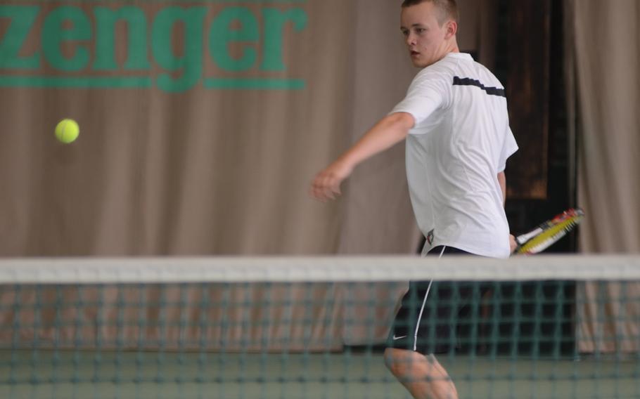 Patch's Devin Rehwaldt sets up for forehand shot Thursday against Schweinfurt's Tyler Cunningham at the 2013 DODDS European Tennis Championships. Rehwaldt defeated Cunningham 6-0, 6-0.