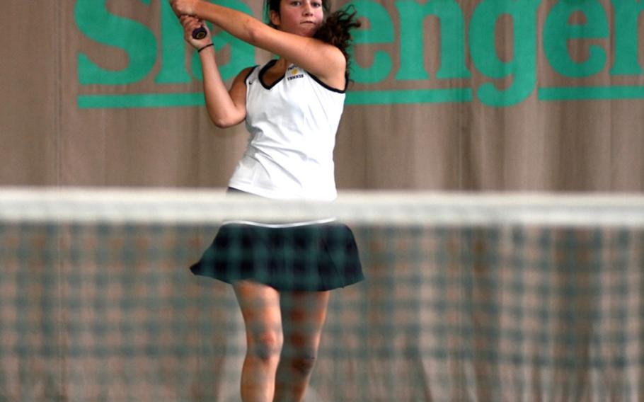 Patch sophomore Marina Fortun uses a backhand Thursday against Lakenheath's Lauren Johnson at the 2013 DODDS European Tennis Championships.  Fortun won 6-3, 6-0.