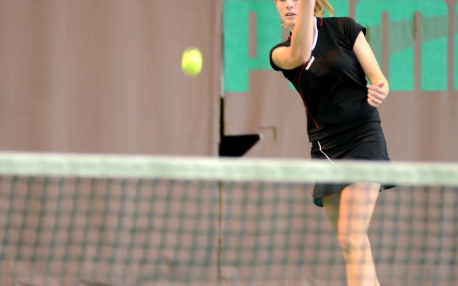 AFNORTH senior Hope Bonenclark returns a volley Thursday against Marymount International sophomore Tatiana Massa at the 2013 DODDS European Tennis Championships.  Bonenclark won 6-3, 6-3. The tournament ends Saturday with championship matches in girls and boys singles and doubles play.