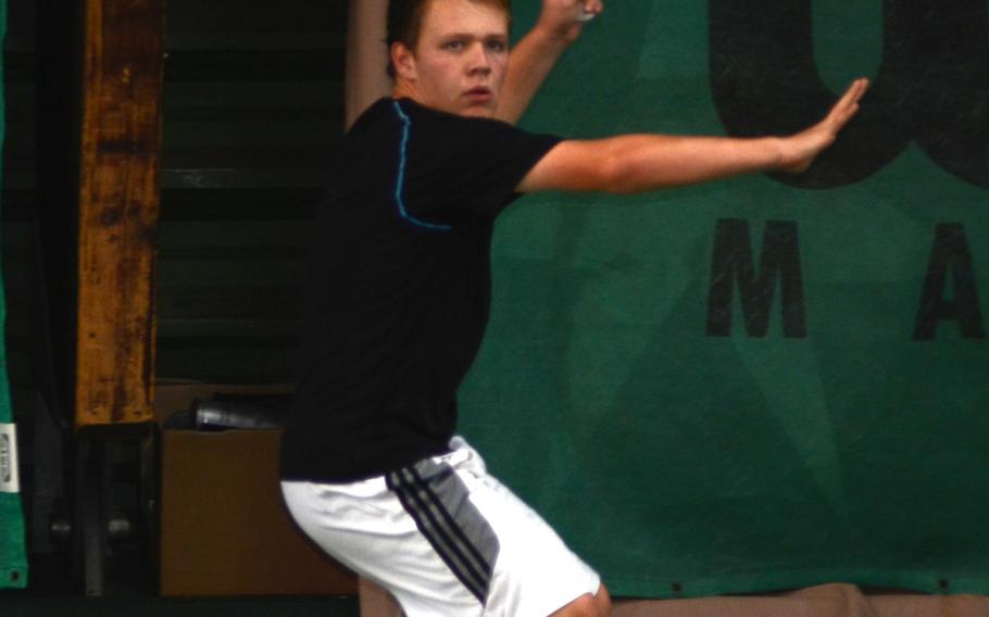 Naples' George Shaffer prepares a forehand Thursday against Ramstein's Nathan Setka at the 2013 DODDS European Tennis Championships.  Shaffer went on to beat Setka 6-1, 6-3. The tournament runs through Saturday, with boys and girls singles and doubles champions crowned.