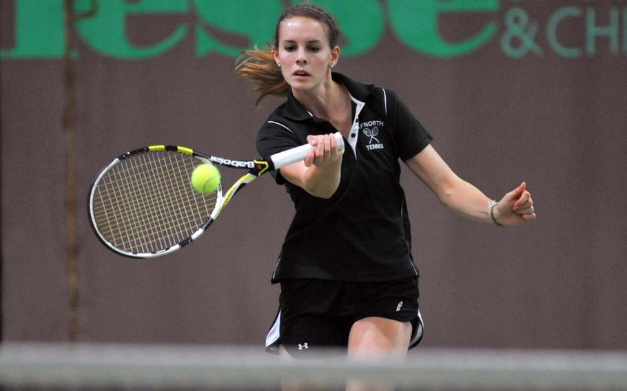 AFNORTH's Hope Bonenclark rushes towards the net to return a shot by Wiesbaden's Jade Sullivan at the DODDS-Europe tennis championships in Wiesbaden, Germany, Friday, Oct. 25, 2013. Bonenclark fell to Sullivan, the top seed, 7-5, 6-2.
