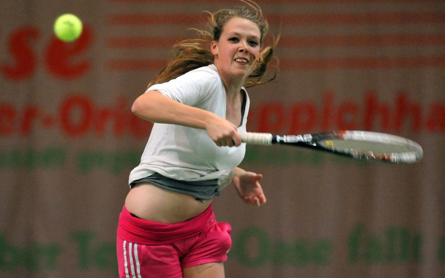 Wiesbaden's Jade Sullivan slams the ball across the net in her semifinal match against AFNORTH's Hope Bonenclark at the DODDS-Europe tennis championships in Wiesbaden, Germany, Friday, Oct. 25, 2013. Sullivan, the top seed, beat Bonenclark 7-5, 6-2 to advance to Saturday's championship match.