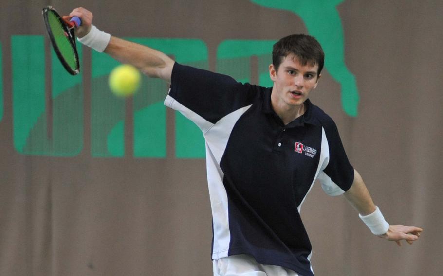 Lakenheath's Peter Kovats watches his ball sail across the net in his semifinal match against George Shaffer of Naples at the 2013 DODDS-Europe tennis championships at Wiesbaden, Germany, Friday, Oct. 25, 2013. Kovats won the match 6-2, 6-2 to advance to Saturday's final against Fabian Sandrup Selvik of ISB.