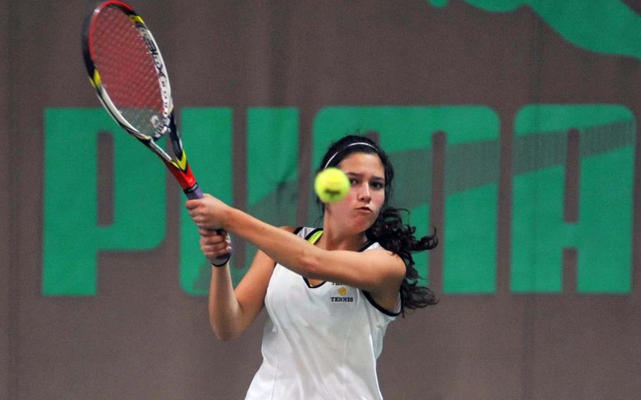 Patch's Marina Fortun returns a shot from ISB's Anouchka Laurent Josi  in a semifinal match at the 2013 DODDS-Europe tennis championships at Wiesbaden, Germany, Friday, Oct. 25, 2013. Josi won 7-5, 3-6, 6-1 to advance to the finals.