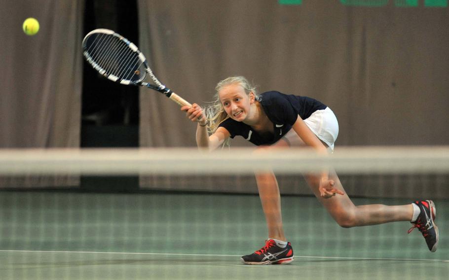 ISB's Anouchka Laurent Josi stretches to return a shot by Patch's Marina Fortun in a semifinal match at the 2013 DODDS-Europe tennis championships at Wiesbaden, Germany, Friday, Oct. 25, 2013.