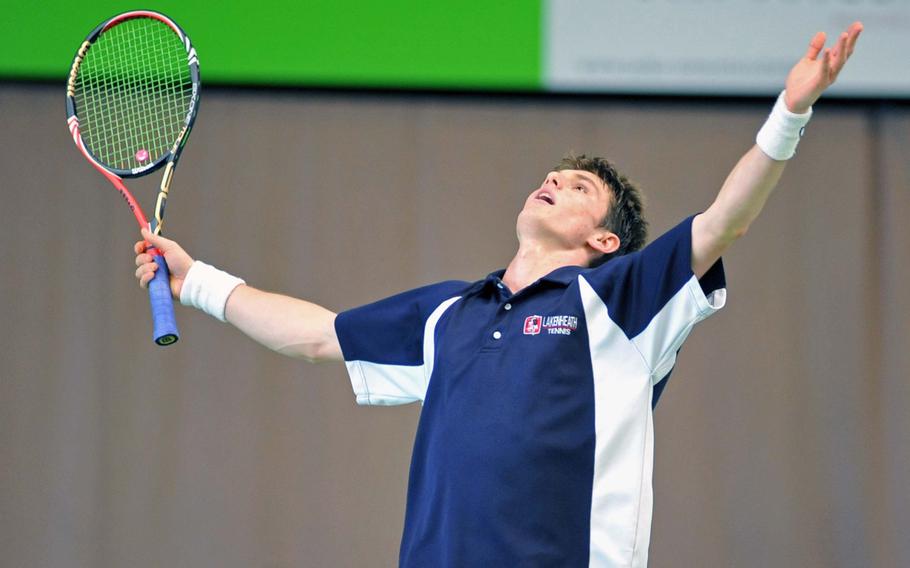 Lakenheath's Peter Kovats reacts after defeating ISB's Fabian Sandrup Selvik 6-2, 6-3 at the DODDS-Europe tennis championships in Wiesbaden, Germany, Oct. 26, 2013.