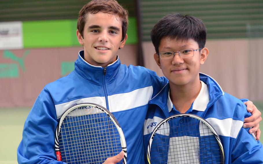 Marymount's Matteo Ciccozzi, left, and Ting Lin won the boys doubles title at the 2013 DODDS-Europe tennis championships after beating AFNORTH's Luke Bonenclark and Saverio Yount 6-4, 6-1.