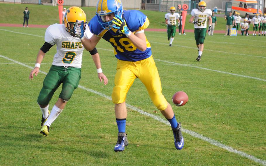 Ansbach receiver Brandon Piccinini reacts after just missing a pass, which rolled off his fingertips. Turnovers and missed opportunities cost Ansbach in its 23-22 loss to SHAPE on Saturday.
