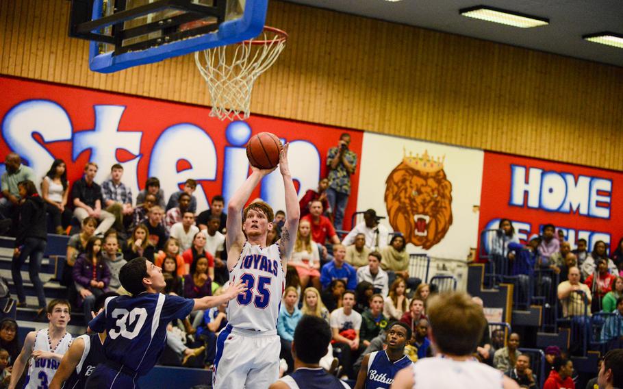 Ramstein's Drew Tevebaugh takes a short jumper Friday night at Ramstein, Germany,