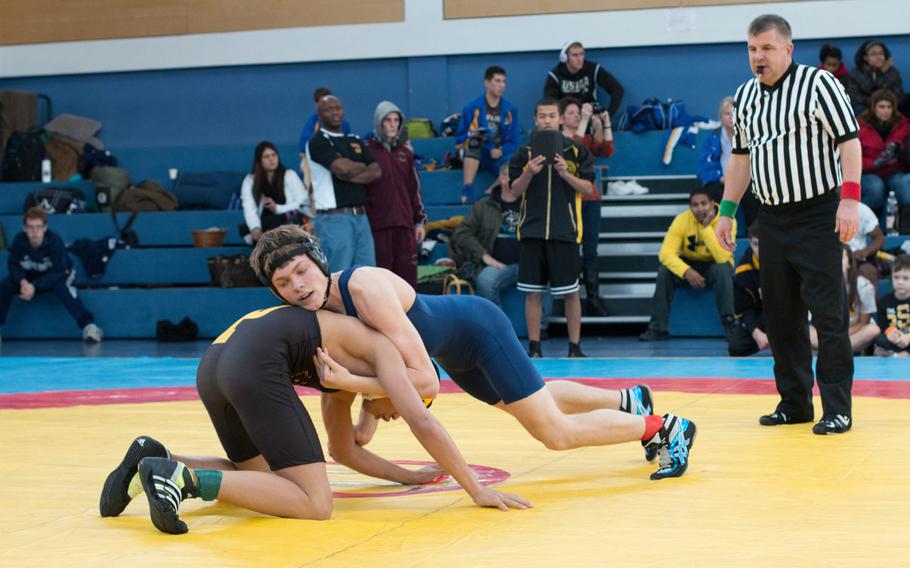 Black Forest Academy wrestler David Crouch, right, went 3-1, placing third in the 126 pound weight class. Here, he jockeys for position over Patch High SchoolÕs Elijah Phillips who was 2-2 on the day.