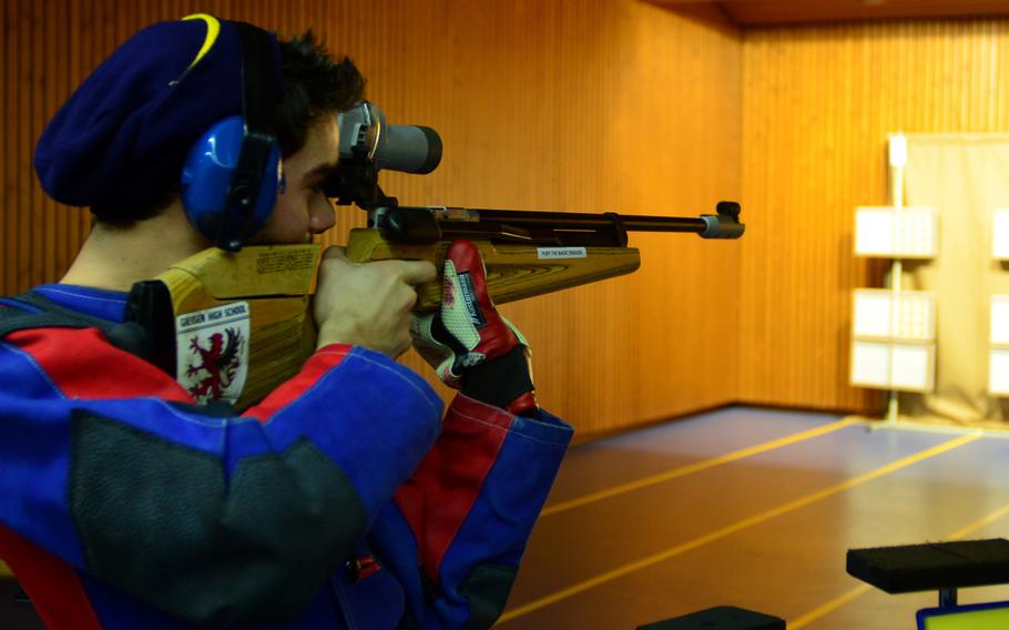 Wiesbaden's Maximilian Petrunyak takes aim at his target from the standing position Saturday at a DODDS-Europe marksmanship competition in Wiesbaden, Germany.  Saturday's competition marks the halfway point in the DODDS-Europe marksmanship season. Wiesbaden will host the European championship Feb. 1.