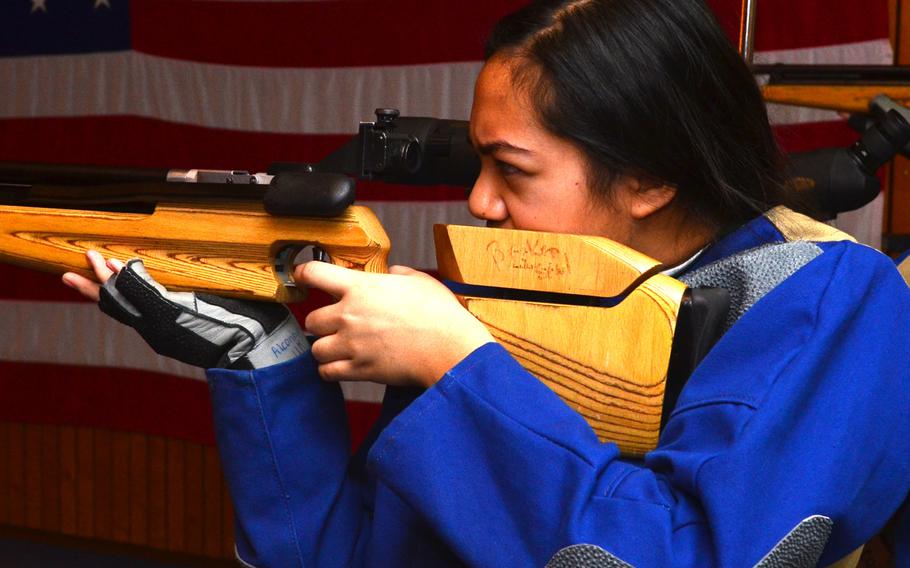 Moani DeGuzman, team captain for Alconbury's marksmanship team, takes aim at her target Saturday, at a DODDS-Europe marksmanship competition in Wiesbaden, Germany. Wiesbaden will host the 2013-14 European Championships on Feb. 1.
