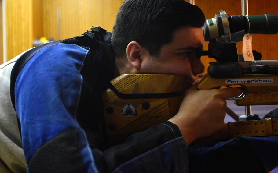 Bitburg's Joshua Yarbrough focuses on his target at a DODDS-Europe marksmanship competition Saturday in Wiesbaden, Germany.